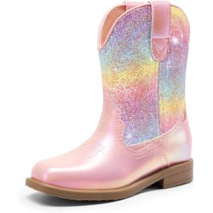 DREAM PAIRS Toddler Boys Girls Cowboy Cowgirl Boots Little Kids Western Square Toe Riding Mid Calf Boots(Pink/Rainbow)