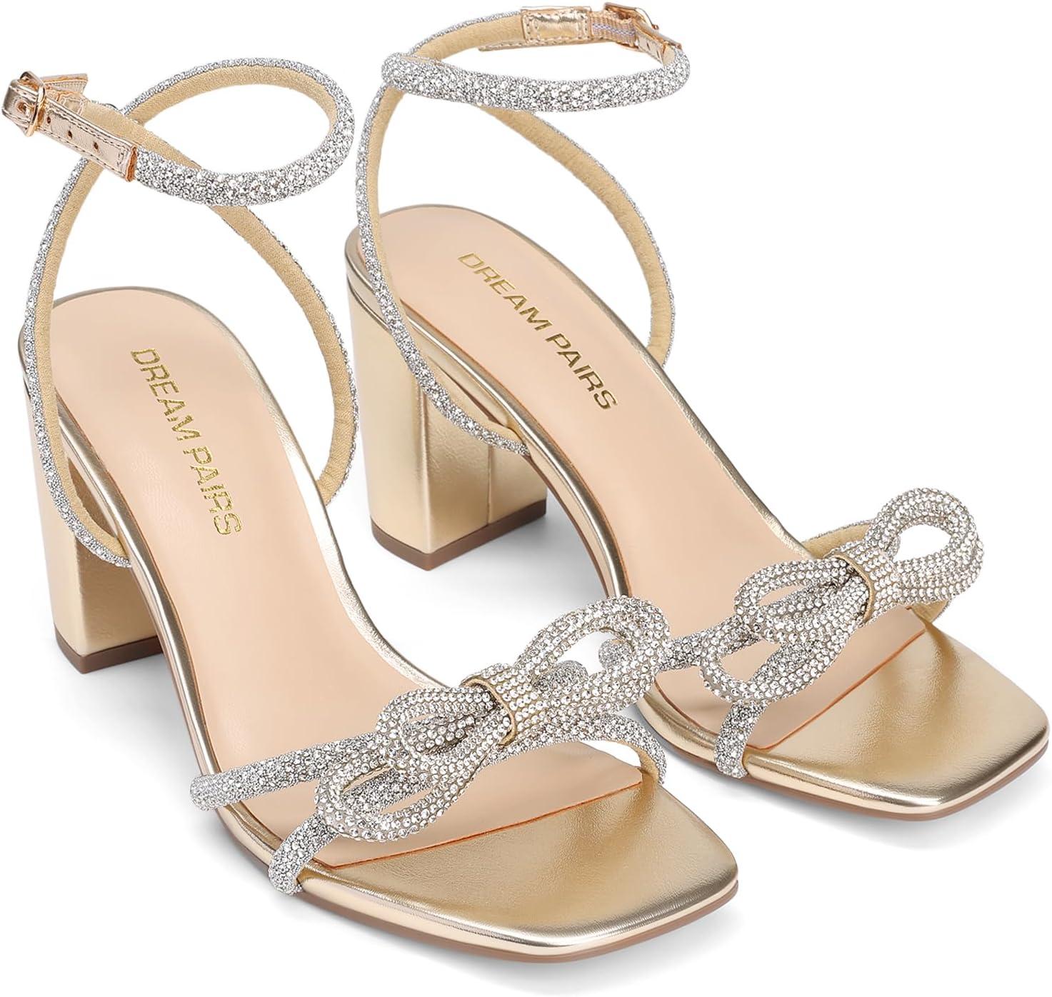 image:imageDREAM PAIRS Womens Bow Knot Chunky Block Heels Square Toe Slingback with Ankle Buckle Fashion Sandals Comfortable Dress Summer Shoes For Wedding Party Bridal PromLight Gold