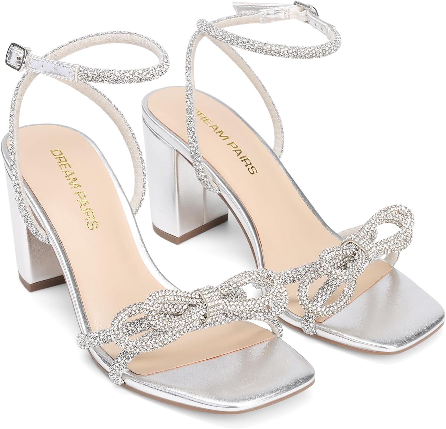 image:imageDREAM PAIRS Womens Bow Knot Chunky Block Heels Square Toe Slingback with Ankle Buckle Fashion Sandals Comfortable Dress Summer Shoes For Wedding Party Bridal PromSilver