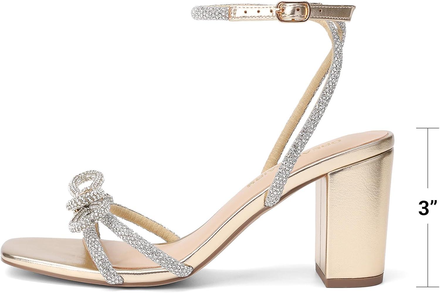 image:imageDREAM PAIRS Womens Bow Knot Chunky Block Heels Square Toe Slingback with Ankle Buckle Fashion Sandals Comfortable Dress Summer Shoes For Wedding Party Bridal PromLight Gold