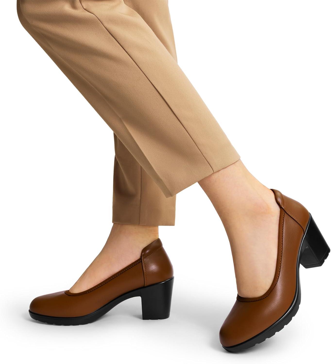 image:imageDREAM PAIRS Womens Chunky Closed Toe Low Block Heels Work Pumps Comfortable Round Toe Dress Wedding ShoesTan
