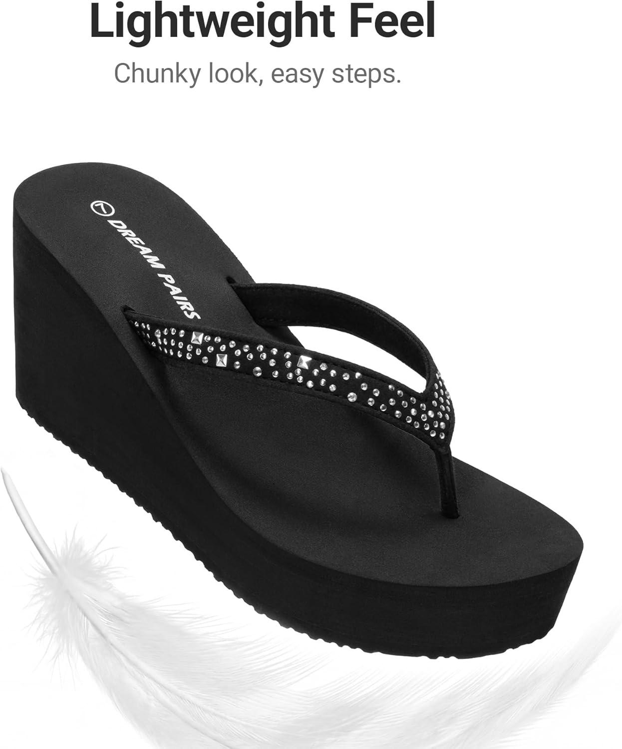 image:imageDREAM PAIRS Womens Platform Flip Flop Rhinestones Arch Support Comfortable Soft Cushion Wedge Flip Flops Summer Thong SandalsBlack