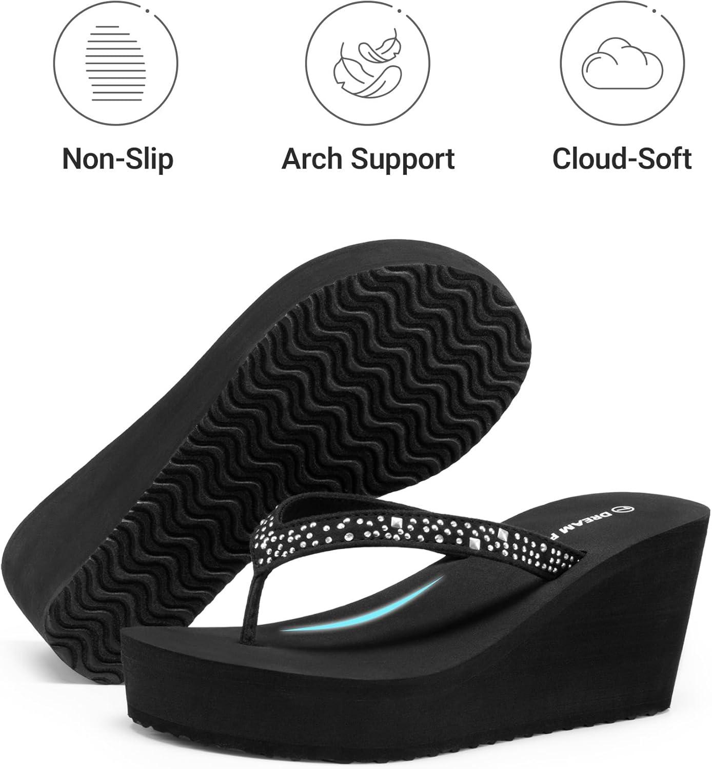 image:imageDREAM PAIRS Womens Platform Flip Flop Rhinestones Arch Support Comfortable Soft Cushion Wedge Flip Flops Summer Thong SandalsBlack