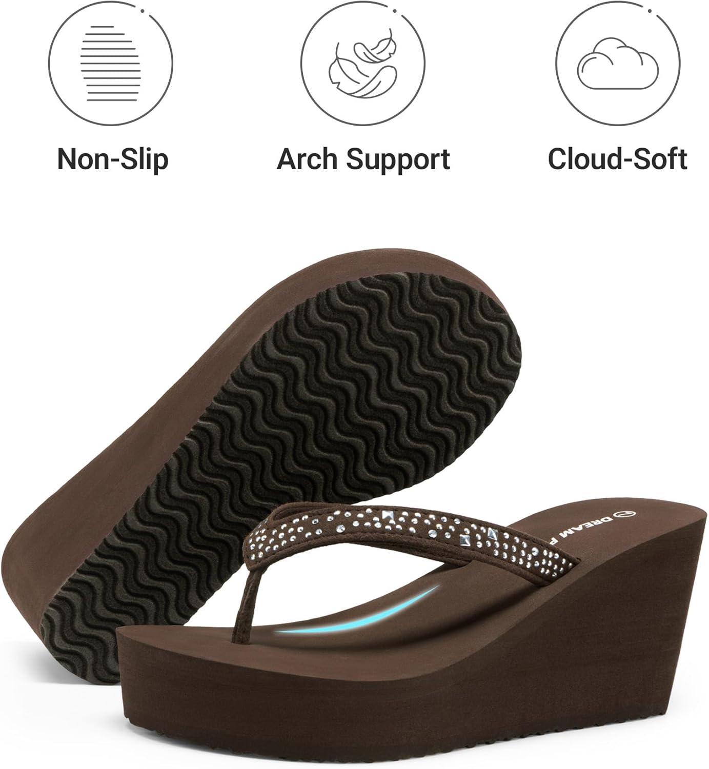 image:imageDREAM PAIRS Womens Platform Flip Flop Rhinestones Arch Support Comfortable Soft Cushion Wedge Flip Flops Summer Thong SandalsBrown