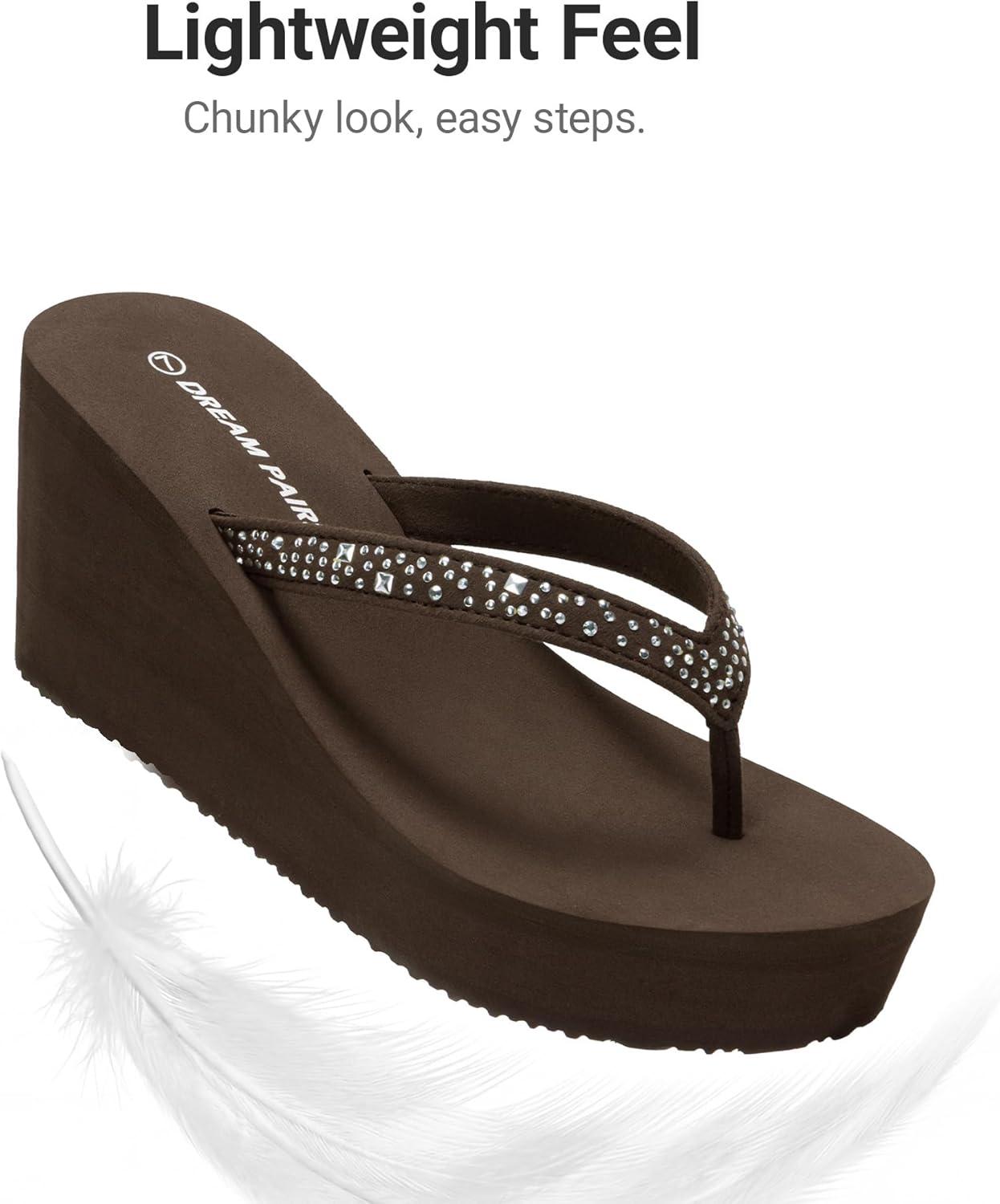 image:imageDREAM PAIRS Womens Platform Flip Flop Rhinestones Arch Support Comfortable Soft Cushion Wedge Flip Flops Summer Thong SandalsBrown