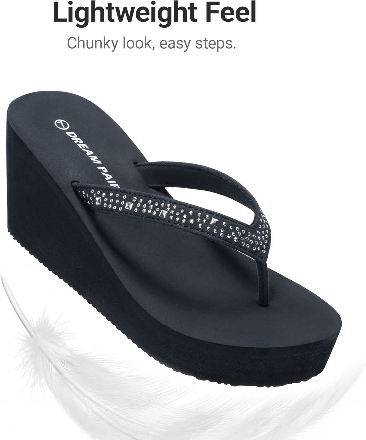 image:imageDREAM PAIRS Womens Platform Flip Flop Rhinestones Arch Support Comfortable Soft Cushion Wedge Flip Flops Summer Thong SandalsNavy Blue
