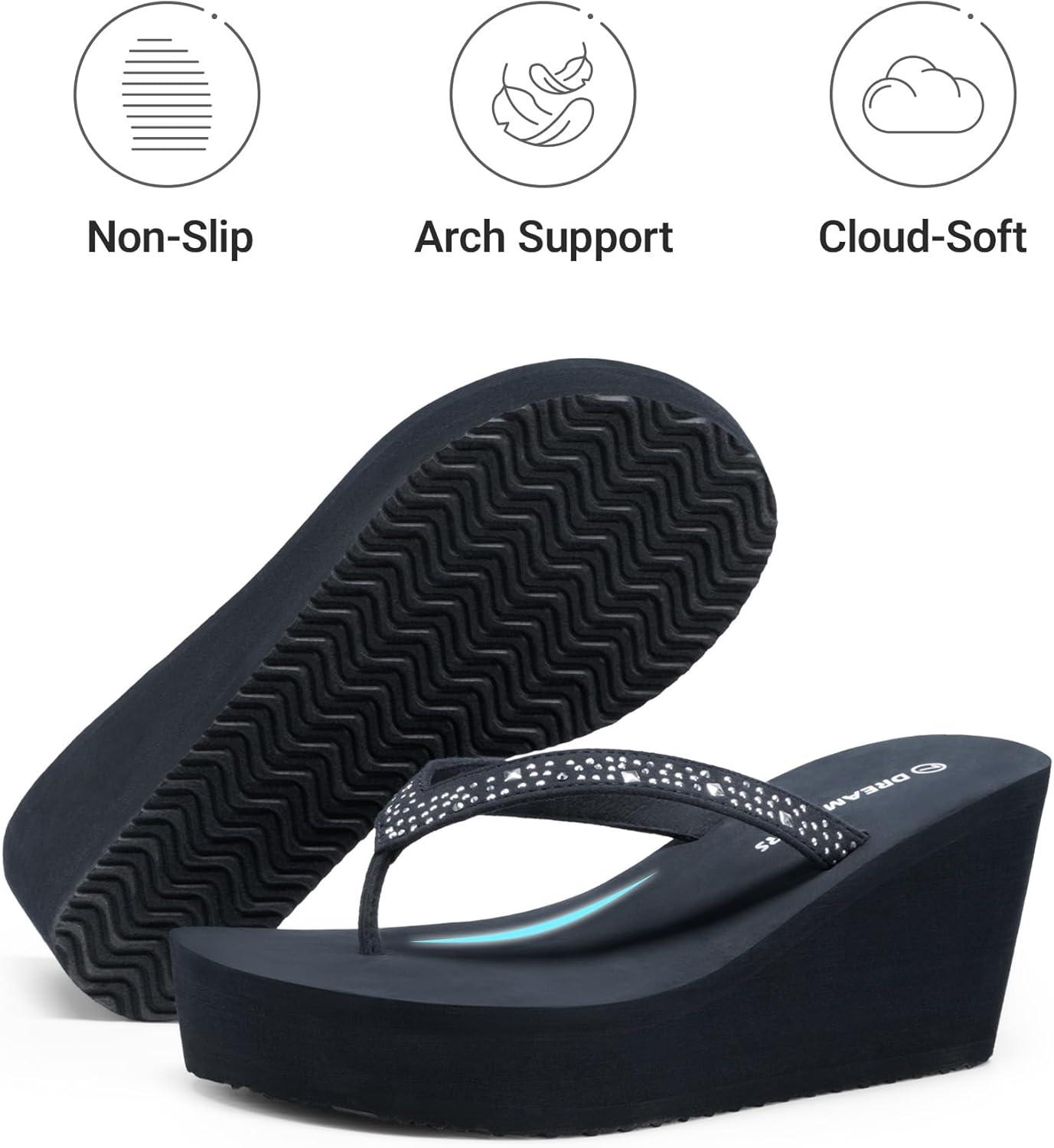 image:imageDREAM PAIRS Womens Platform Flip Flop Rhinestones Arch Support Comfortable Soft Cushion Wedge Flip Flops Summer Thong SandalsNavy Blue