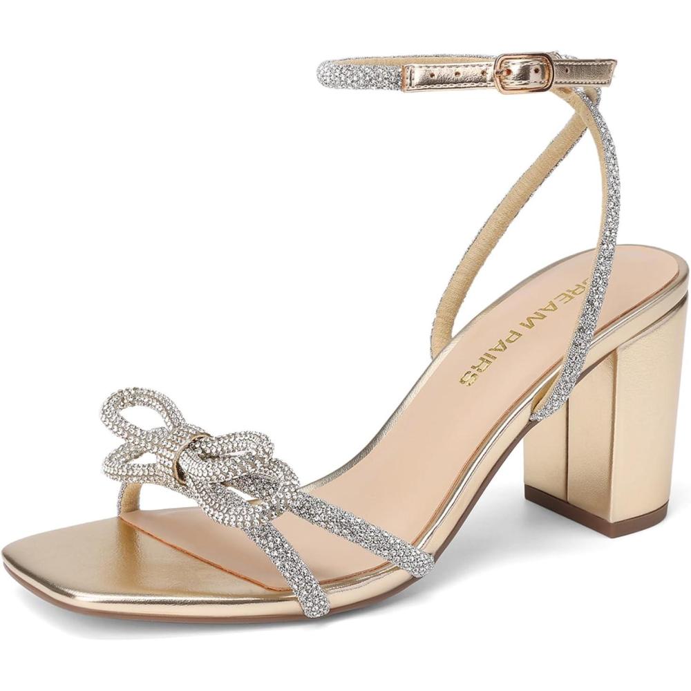 image:imageDREAM PAIRS Womens Bow Knot Chunky Block Heels Square Toe Slingback with Ankle Buckle Fashion Sandals Comfortable Dress Summer Shoes For Wedding Party Bridal PromLight Gold