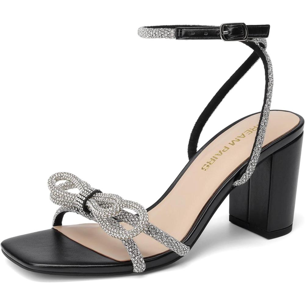 image:imageDREAM PAIRS Womens Bow Knot Chunky Block Heels Square Toe Slingback with Ankle Buckle Fashion Sandals Comfortable Dress Summer Shoes For Wedding Party Bridal PromBlack