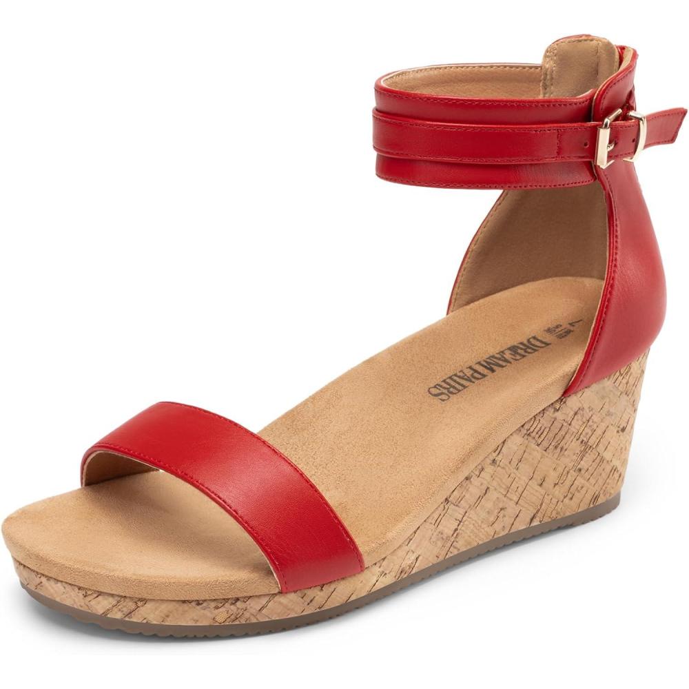 image:imageDREAM PAIRS Womens Open Toe Buckle Ankle Strap Platform Wedge Sandals Summer ShoesRed