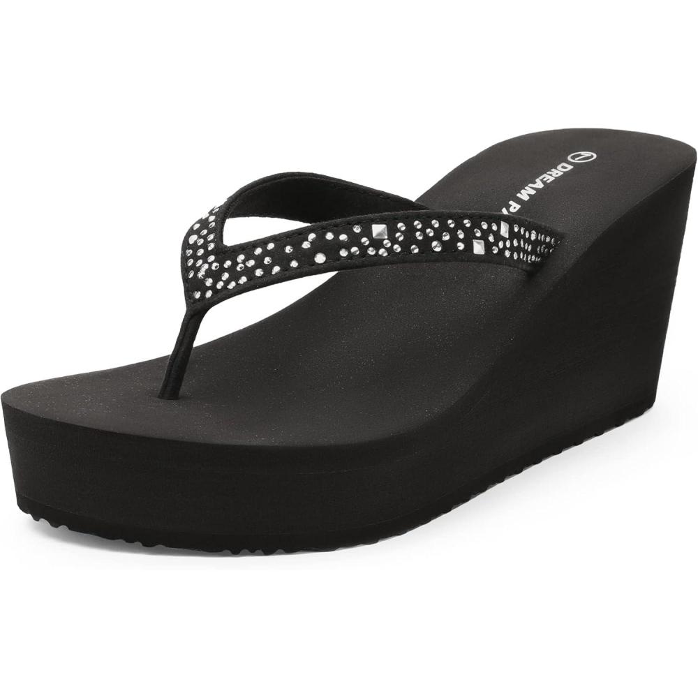 image:imageDREAM PAIRS Womens Platform Flip Flop Rhinestones Arch Support Comfortable Soft Cushion Wedge Flip Flops Summer Thong SandalsBlack
