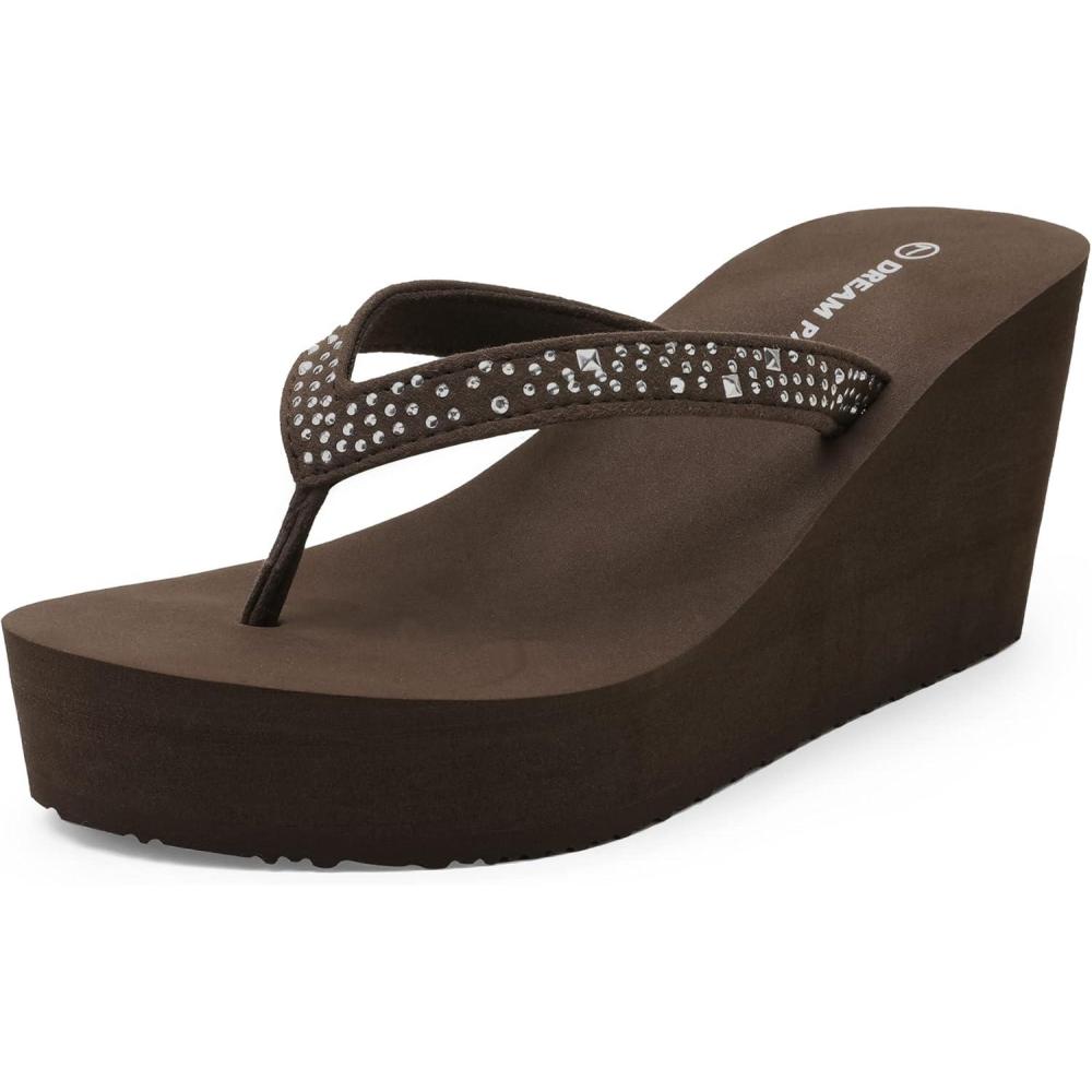 image:imageDREAM PAIRS Womens Platform Flip Flop Rhinestones Arch Support Comfortable Soft Cushion Wedge Flip Flops Summer Thong SandalsBrown