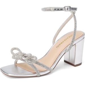 DREAM PAIRS Women’s Bow Knot Chunky Block Heels Square Toe Slingback with Ankle Buckle Fashion Sandals Comfortable Dress Summer Shoes For Wedding Party Bridal Prom(Silver)