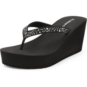 DREAM PAIRS Women’s Platform Flip Flop Rhinestones Arch Support Comfortable Soft Cushion Wedge Flip Flops Summer Thong Sandals(Black)
