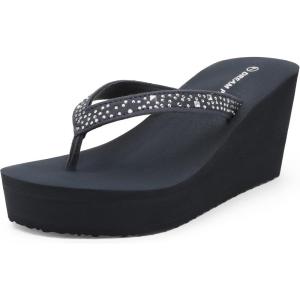 DREAM PAIRS Women’s Platform Flip Flop Rhinestones Arch Support Comfortable Soft Cushion Wedge Flip Flops Summer Thong Sandals(Navy Blue)