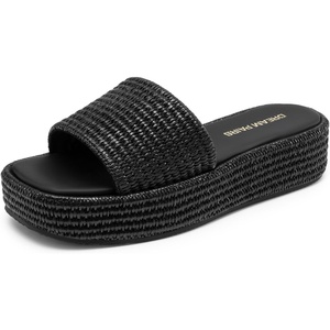 DREAM PAIRS Women Platform Slides Sandals Espadrilles Slip On Low Wedge Summer Open Toe Bohemia Dressy Beach Vacation Shoes(Black)