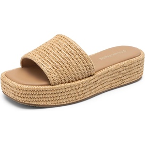 DREAM PAIRS Women Platform Slides Sandals Espadrilles Slip On Low Wedge Summer Open Toe Bohemia Dressy Beach Vacation Shoes(Brown)
