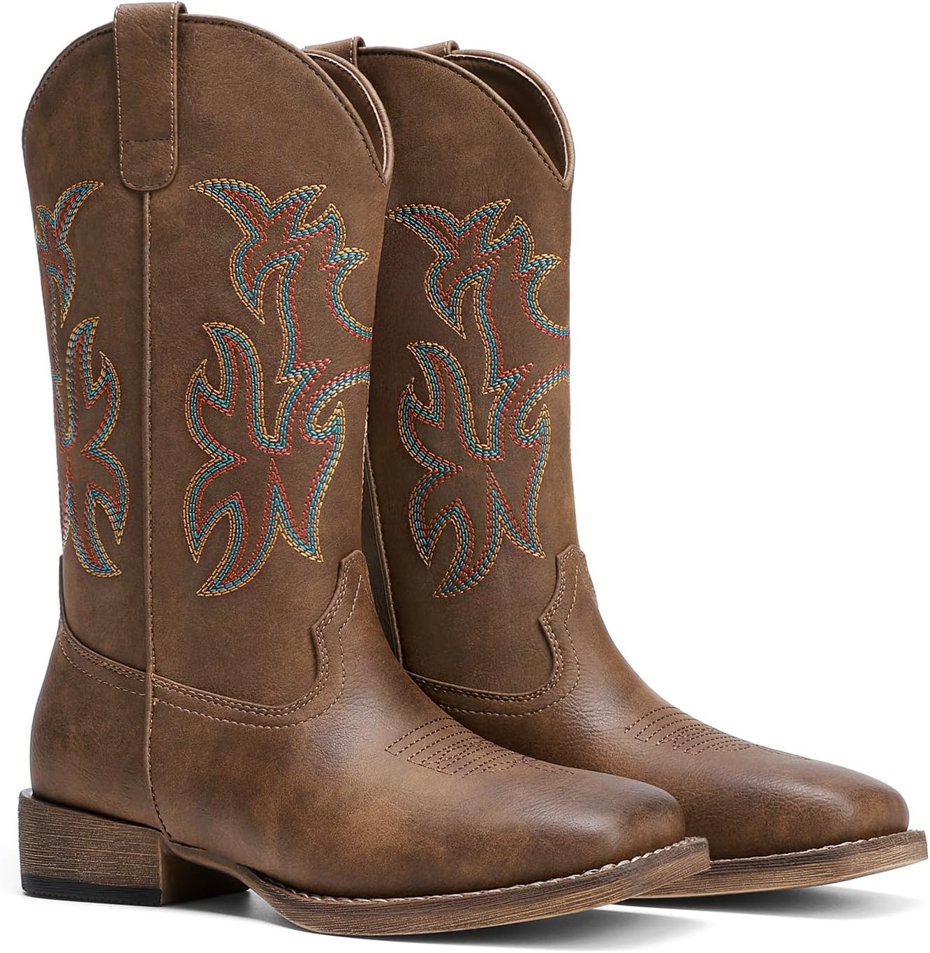 image:imageDREAM PAIRS Cowboy Cowgirl Boots for Women Wide Square Toe Western Mid Calf PullOn Embroidered Stitched Retro BootsBrown