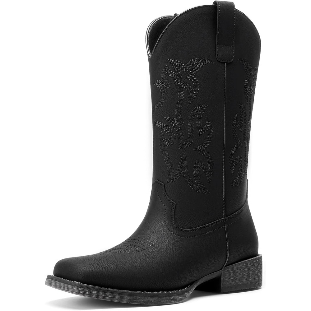 image:imageDREAM PAIRS Cowboy Cowgirl Boots for Women Wide Square Toe Western Mid Calf PullOn Embroidered Stitched Retro BootsBlack