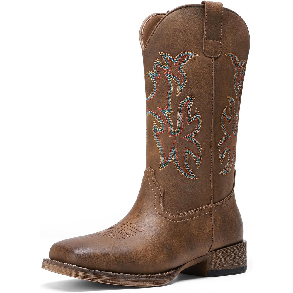 image:imageDREAM PAIRS Cowboy Cowgirl Boots for Women Wide Square Toe Western Mid Calf PullOn Embroidered Stitched Retro BootsBrown
