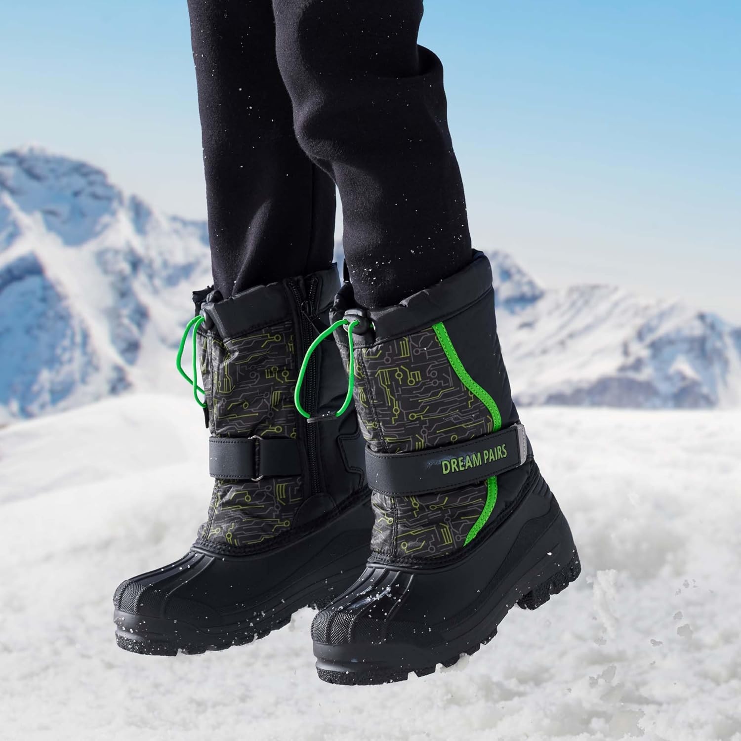 image:imageDREAM PAIRS Boys amp Girls Mid Calf WaterResistant Winter Snow Boots for ToddlerLittleBig KidBlackNeonGreen