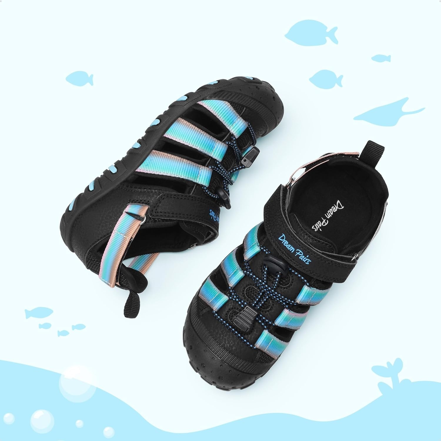 image:imageDREAM PAIRS Boys Girls Outdoor Athletic Sport Sandals Summer Hiking Beach Water Casual Closed Toe Rainbow Multicolor for ToddlerLittleBig KidsBlackBlue