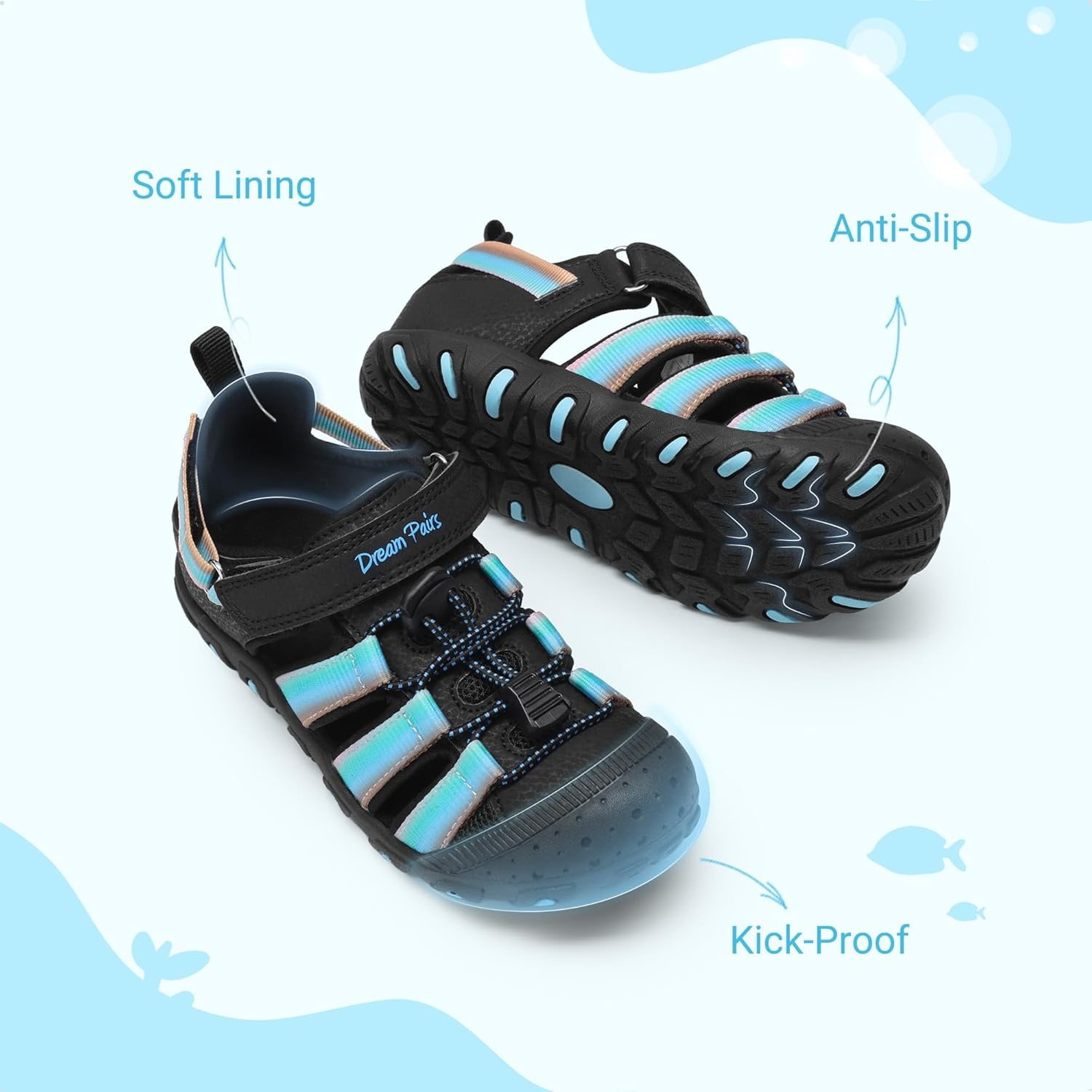 image:imageDREAM PAIRS Boys Girls Outdoor Athletic Sport Sandals Summer Hiking Beach Water Casual Closed Toe Rainbow Multicolor for ToddlerLittleBig KidsBlackBlue