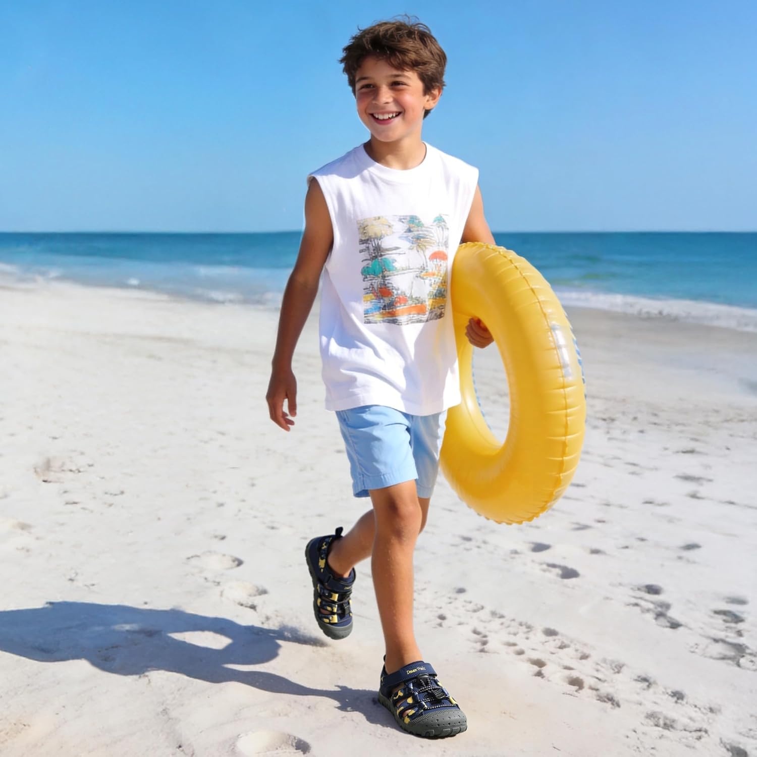image:imageDREAM PAIRS Boys Girls Outdoor Athletic Sport Sandals Summer Hiking Beach Water Casual Closed Toe Rainbow Multicolor for ToddlerLittleBig KidsDark BlueCamo