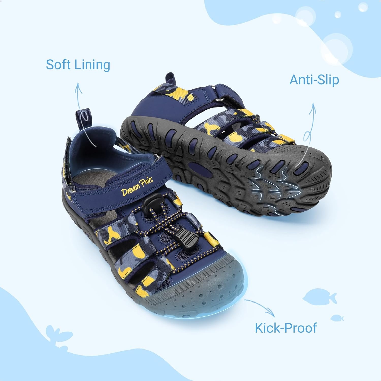 image:imageDREAM PAIRS Boys Girls Outdoor Athletic Sport Sandals Summer Hiking Beach Water Casual Closed Toe Rainbow Multicolor for ToddlerLittleBig KidsDark BlueCamo