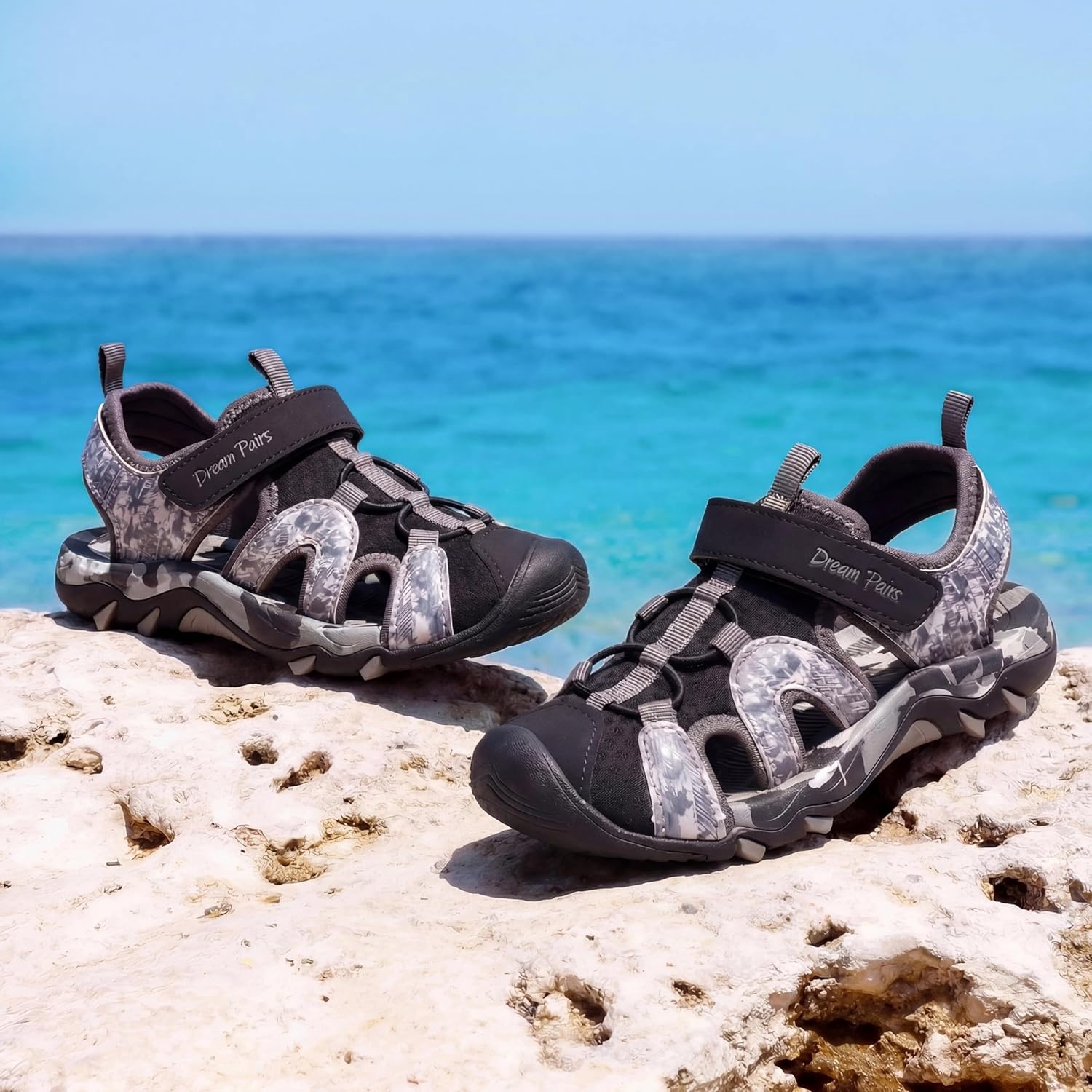 image:imageDREAM PAIRS Boys Girls Summer Outdoor Athletic Water Sport Sandals for ToddlerLittleBig KidBlackGrey