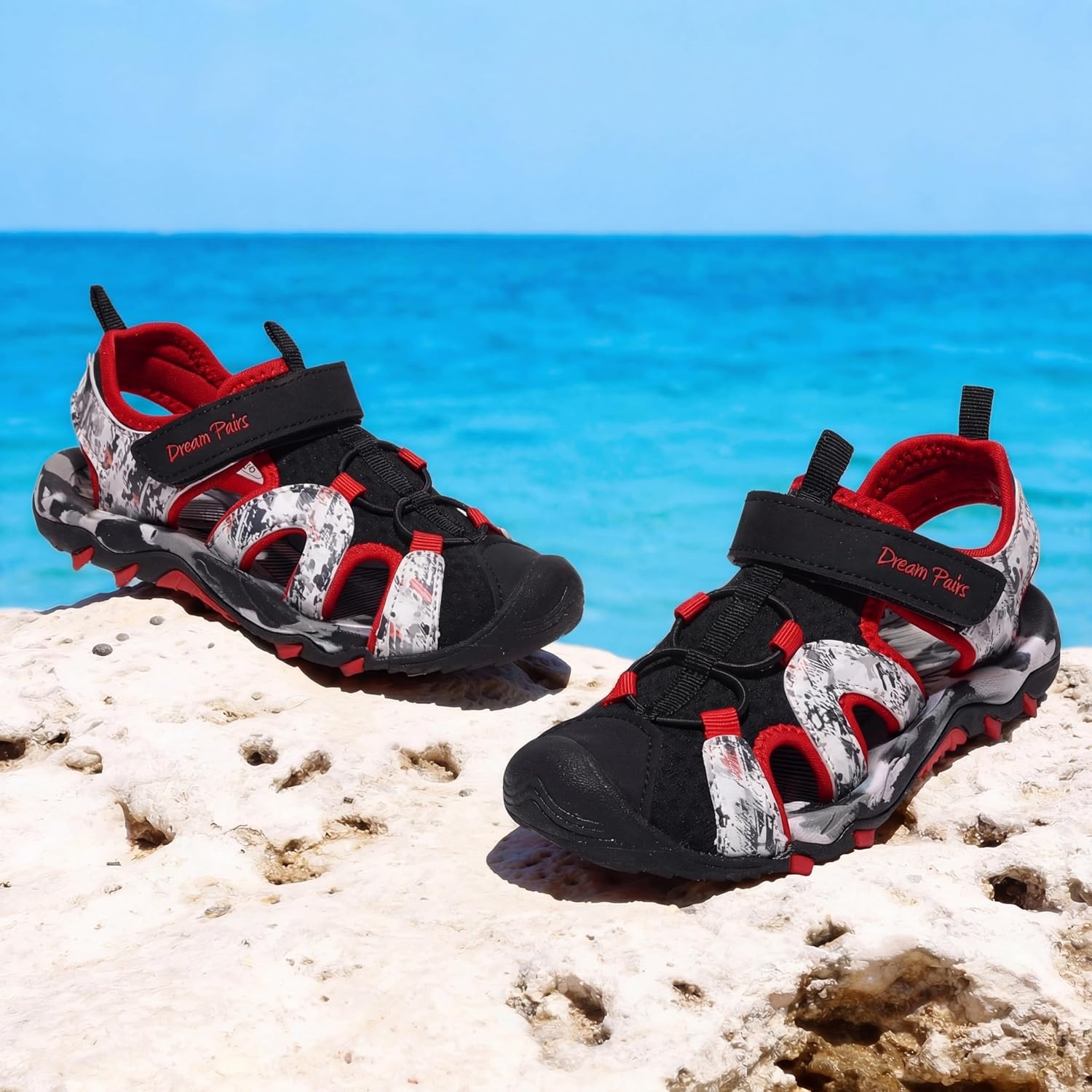 image:imageDREAM PAIRS Boys Girls Summer Outdoor Athletic Water Sport Sandals for ToddlerLittleBig KidBlackRed