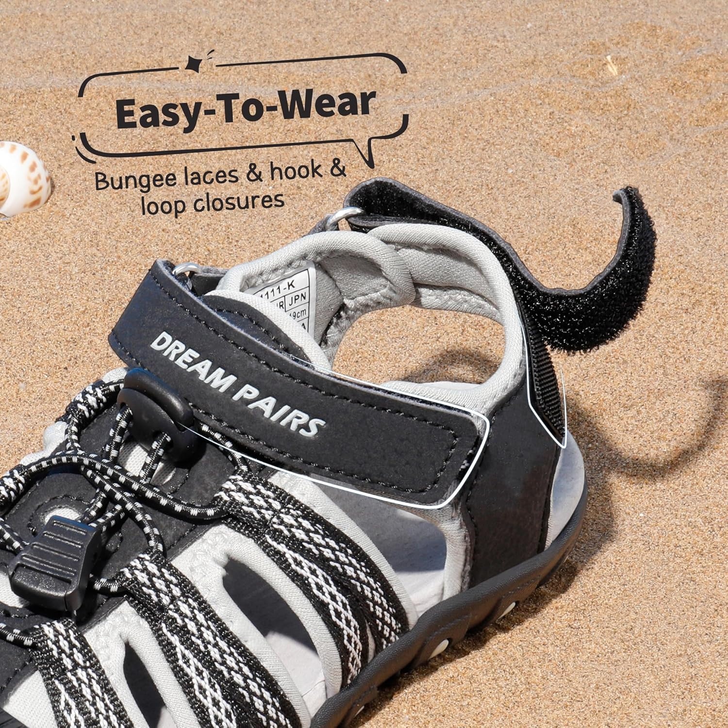 image:imageDREAM PAIRS Boys Girls Summer Outdoor Athletic Sport Sandals Hiking Beach Casual Water Closed Toe Adjustable Multicolor for ToddlerLittleBig KidsBlackGrey