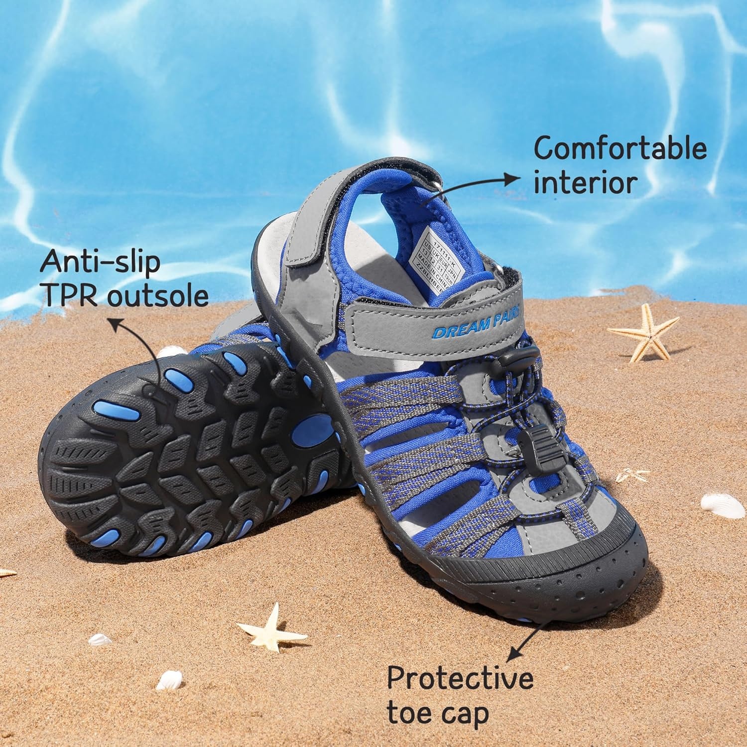 image:imageDREAM PAIRS Boys Girls Summer Outdoor Athletic Sport Sandals Hiking Beach Casual Water Closed Toe Adjustable Multicolor for ToddlerLittleBig KidsGreyRoyal