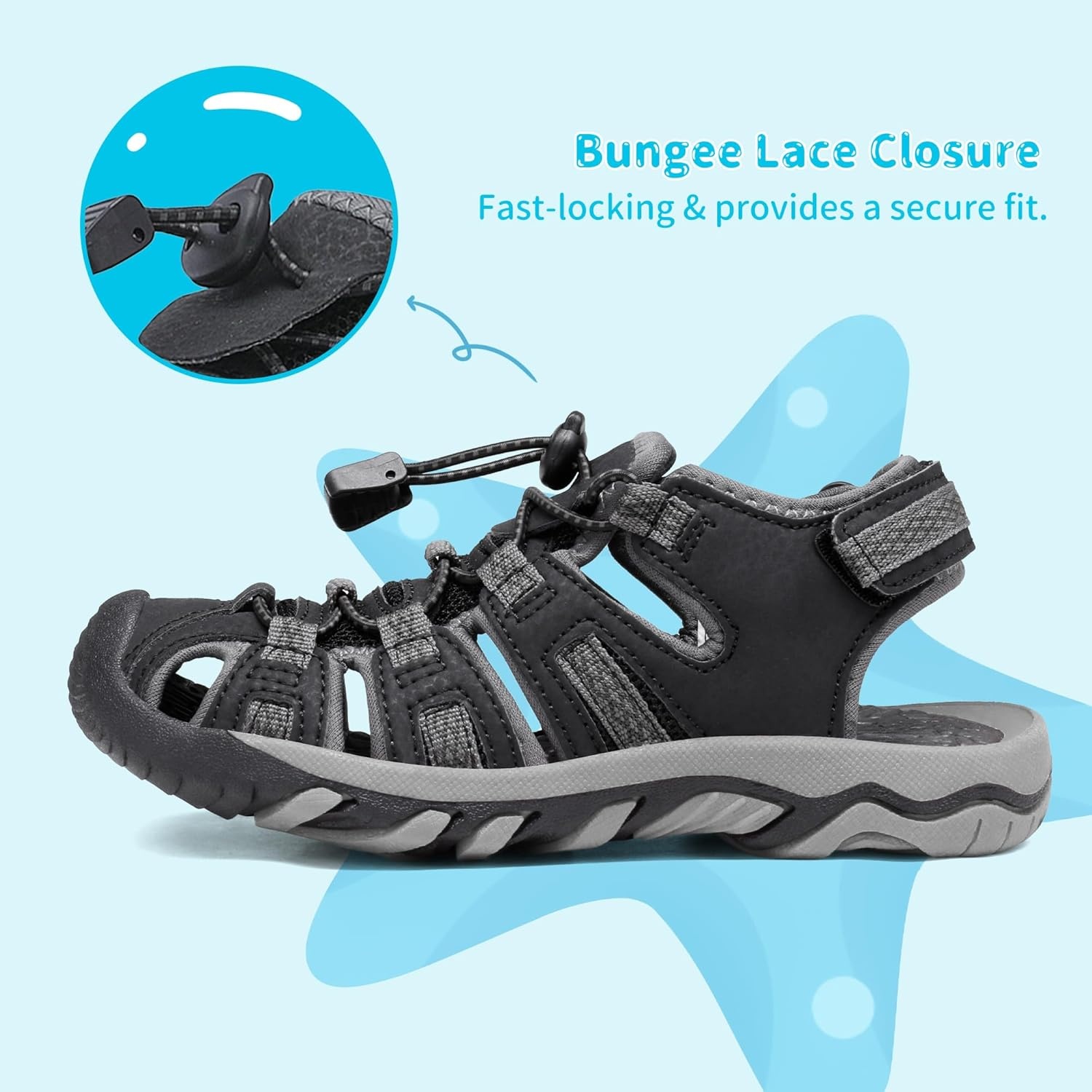 image:imageDREAM PAIRS Boys Girls Summer Outdoor Athletic Sport Sandals Walking Water Hiking Hook and Loop Adjustable Multicolor for ToddlerLittleBig KidsBlackDarkGrey