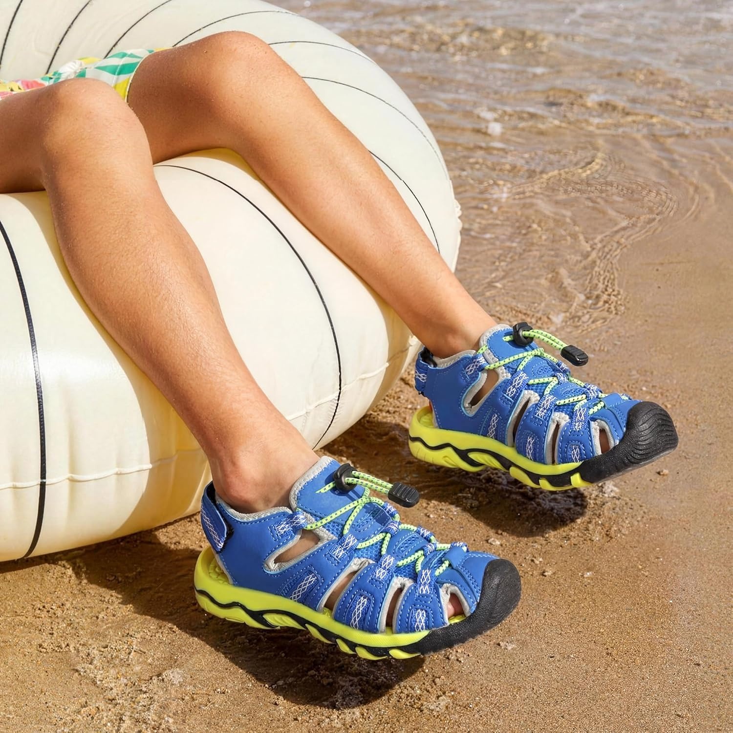 image:imageDREAM PAIRS Boys Girls Summer Outdoor Athletic Sport Sandals Walking Water Hiking Hook and Loop Adjustable Multicolor for ToddlerLittleBig KidsRoyalBlueNeonGreen