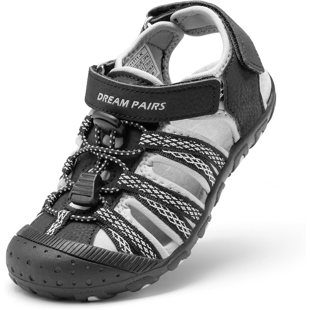 image:imageDREAM PAIRS Boys Girls Summer Outdoor Athletic Sport Sandals Hiking Beach Casual Water Closed Toe Adjustable Multicolor for ToddlerLittleBig KidsBlackGrey