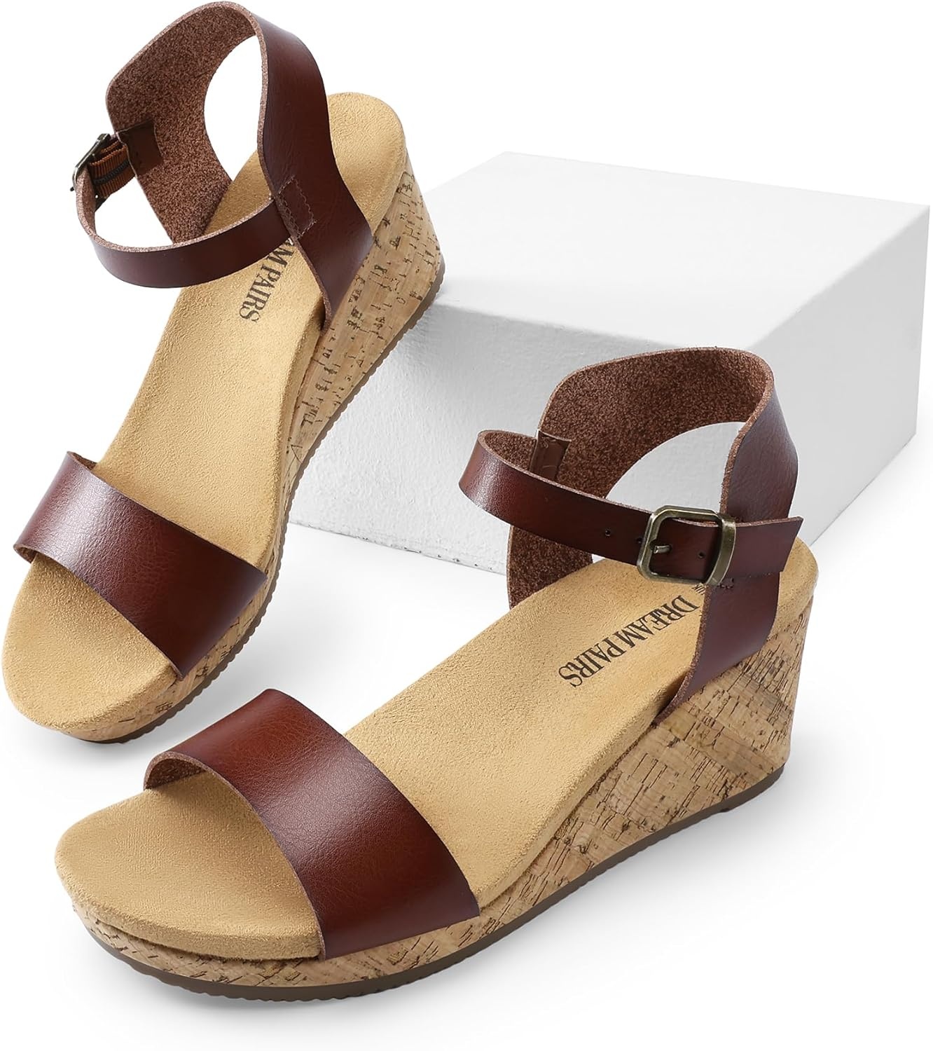 image:imageDREAM PAIRS Womens Open Toe Buckle Ankle Strap Platform Wedge Sandals for Women Summer Dressy ShoesBrownpu