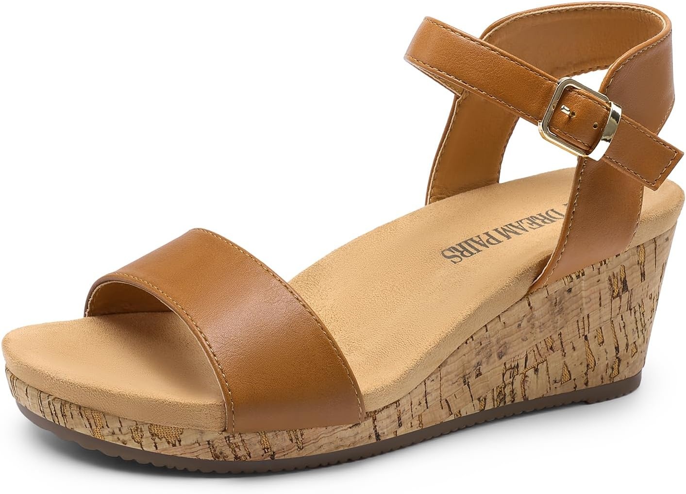 image:imageDREAM PAIRS Womens Open Toe Buckle Ankle Strap Platform Wedge Sandals for Women Summer Dressy ShoesCamelPu