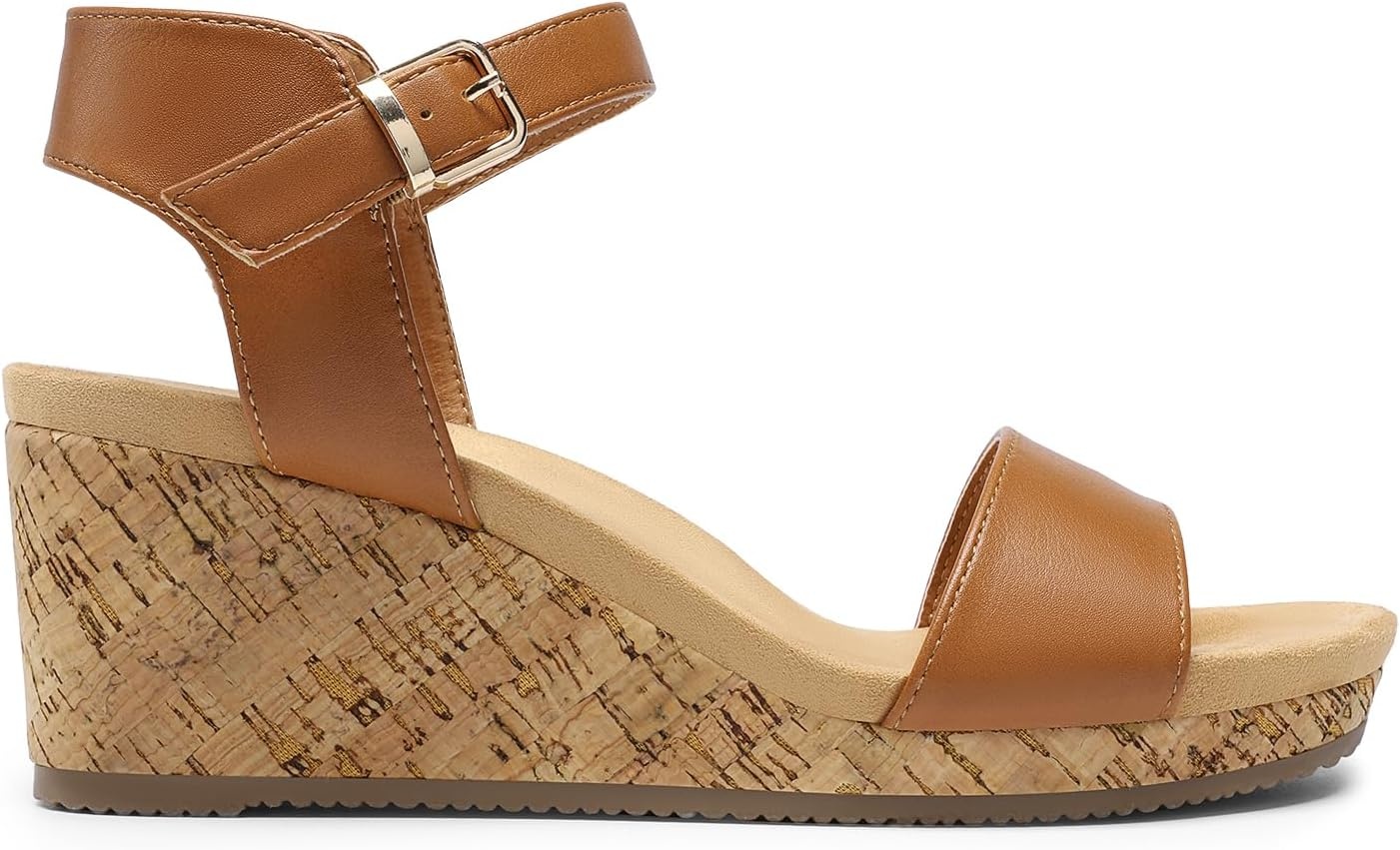 image:imageDREAM PAIRS Womens Open Toe Buckle Ankle Strap Platform Wedge Sandals for Women Summer Dressy ShoesCamelPu