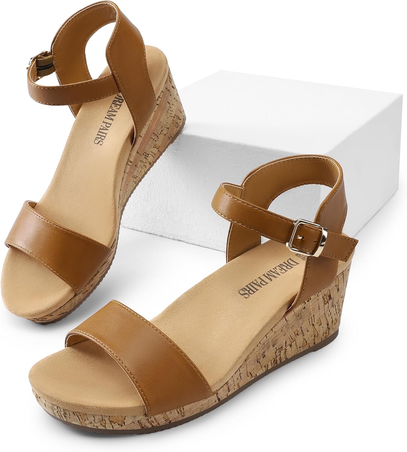 image:imageDREAM PAIRS Womens Open Toe Buckle Ankle Strap Platform Wedge Sandals for Women Summer Dressy ShoesCamelPu