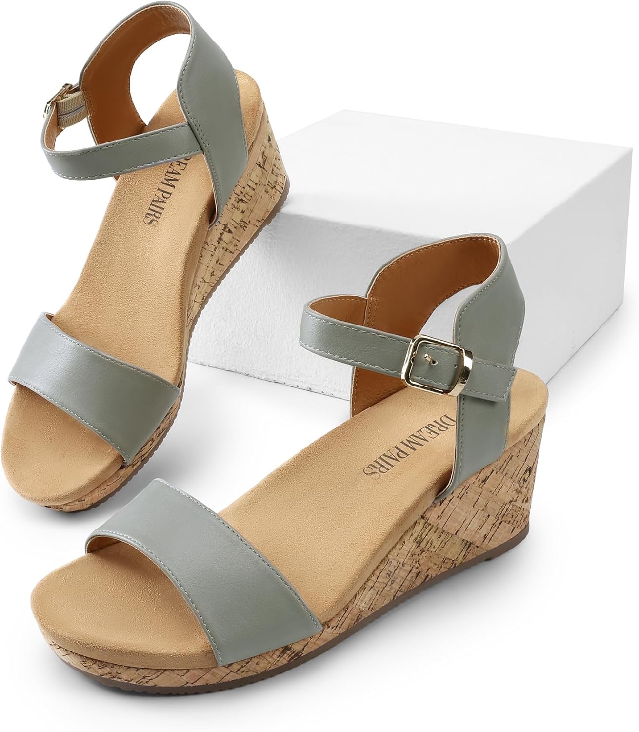 image:imageDREAM PAIRS Womens Open Toe Buckle Ankle Strap Platform Wedge Sandals for Women Summer Dressy ShoesGreyPu