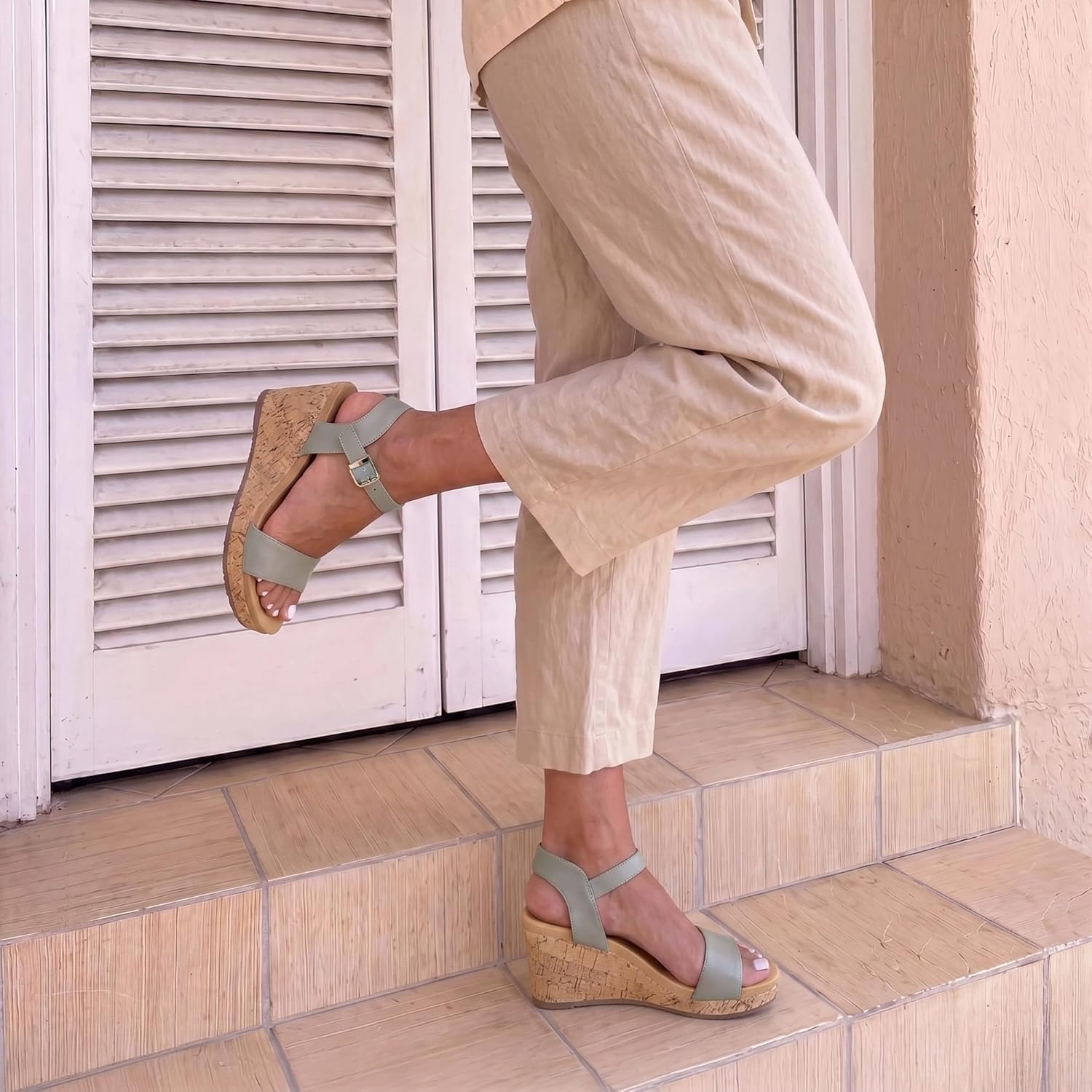 image:imageDREAM PAIRS Womens Open Toe Buckle Ankle Strap Platform Wedge Sandals for Women Summer Dressy ShoesGreyPu