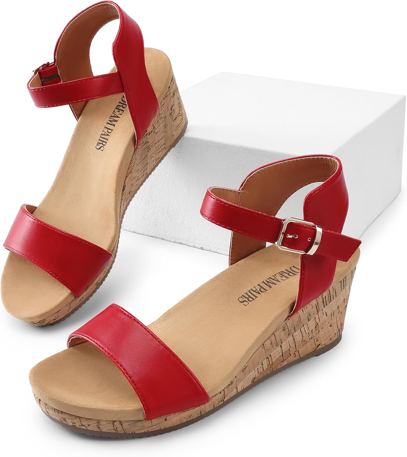 image:imageDREAM PAIRS Womens Open Toe Buckle Ankle Strap Platform Wedge Sandals for Women Summer Dressy ShoesRedPu