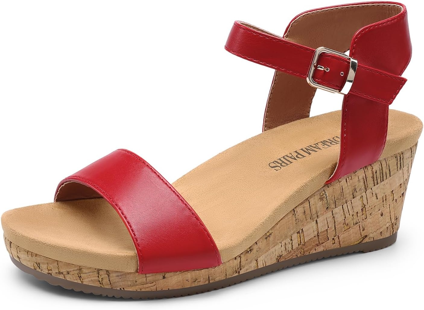 image:imageDREAM PAIRS Womens Open Toe Buckle Ankle Strap Platform Wedge Sandals for Women Summer Dressy ShoesRedPu