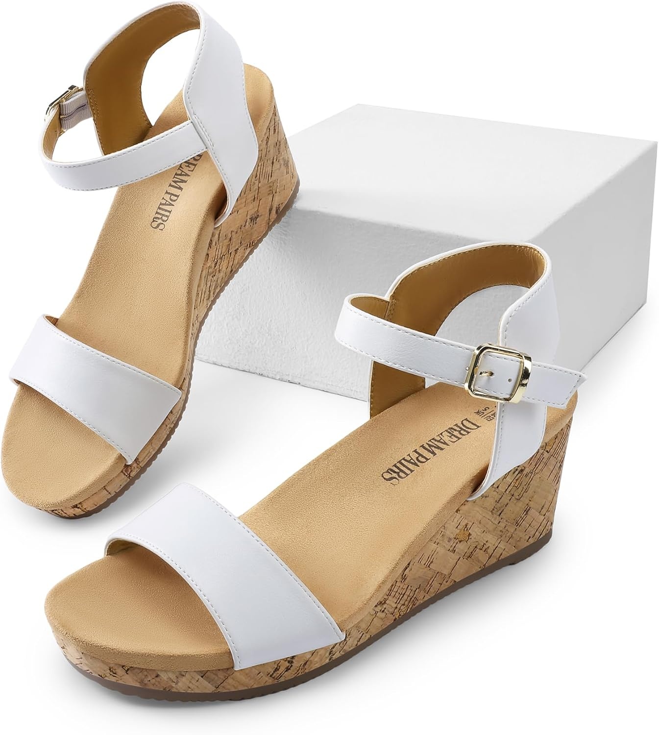 image:imageDREAM PAIRS Womens Open Toe Buckle Ankle Strap Platform Wedge Sandals for Women Summer Dressy ShoesWhitePu
