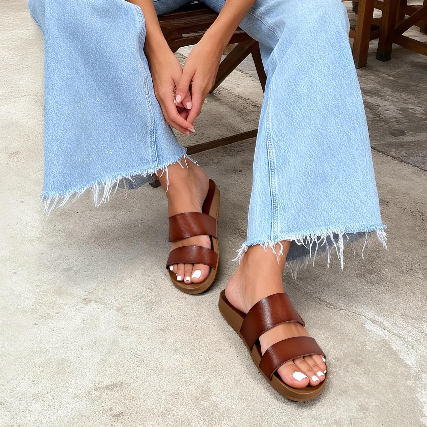 image:imageDREAM PAIRS Womens Open Toe Slides Sandals Comfortable Arch Support Footbed Two Strap Slipon Fashion Casual Beach Vacation Lightweight Flat Sandals Summer for WomenBrown