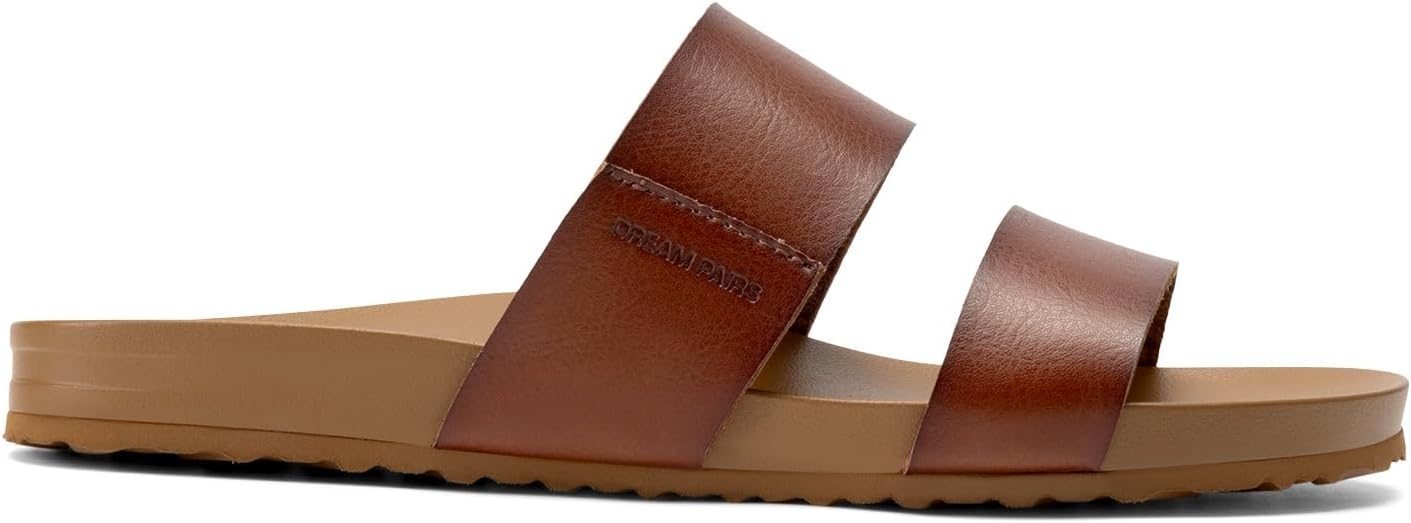 image:imageDREAM PAIRS Womens Open Toe Slides Sandals Comfortable Arch Support Footbed Two Strap Slipon Fashion Casual Beach Vacation Lightweight Flat Sandals Summer for WomenBrown