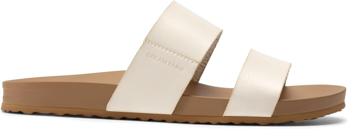 image:imageDREAM PAIRS Womens Open Toe Slides Sandals Comfortable Arch Support Footbed Two Strap Slipon Fashion Casual Beach Vacation Lightweight Flat Sandals Summer for WomenBeige