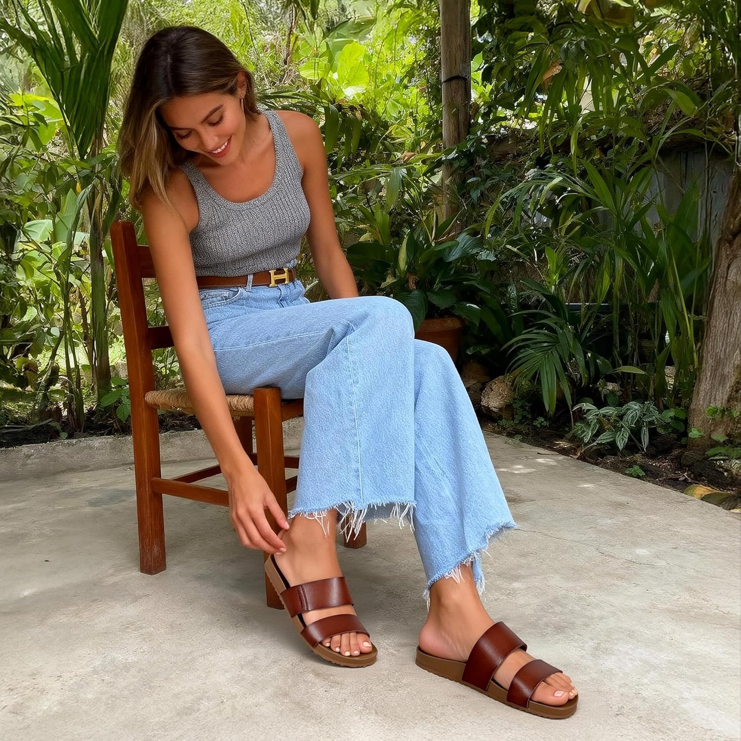 image:imageDREAM PAIRS Womens Open Toe Slides Sandals Comfortable Arch Support Footbed Two Strap Slipon Fashion Casual Beach Vacation Lightweight Flat Sandals Summer for WomenBrown