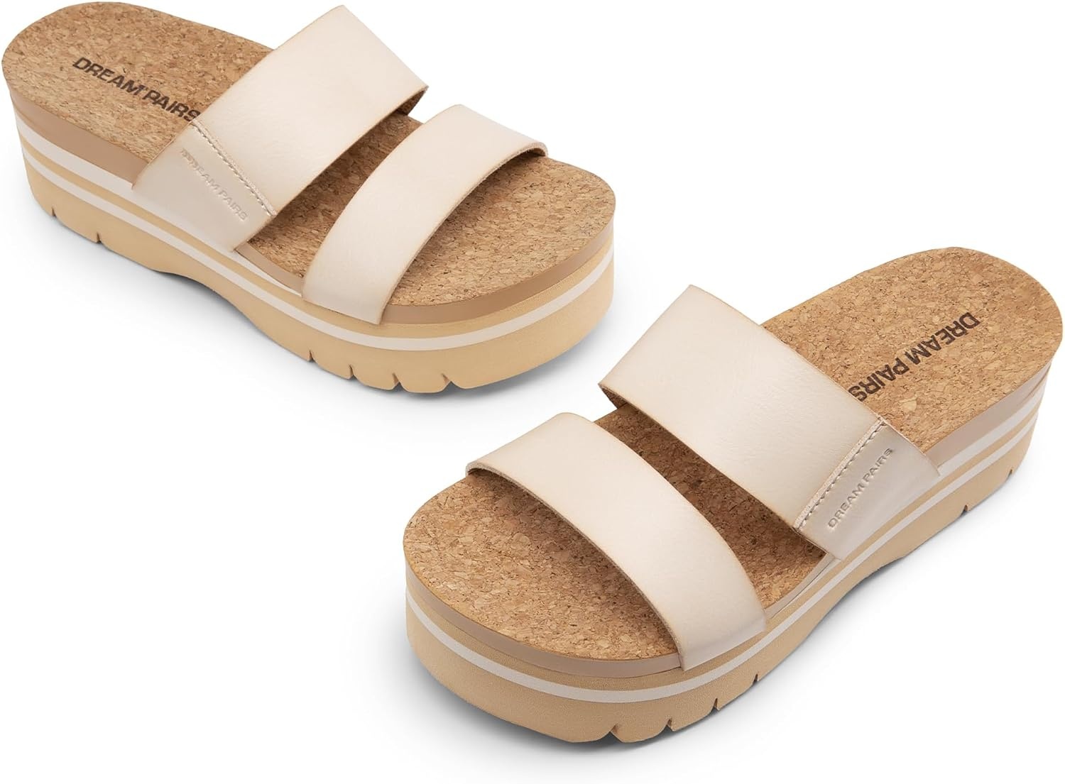 image:imageDREAM PAIRS Womens Platform Slides Sandals Comfortable Arch Support Two Strap Slip On Fashion Beach Wedge SandalsBeige